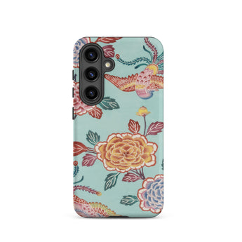 Tree Peonies & Peacocks Bingata Panel Samsung Case, Galaxy S24 / Matte, Smartphone Case Teal Background Floral Bird Pattern