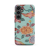 Tree Peonies & Peacocks Bingata Panel Samsung Case, Galaxy S24 Plus / Matte, Smartphone Case Teal Background Floral Bird Pattern