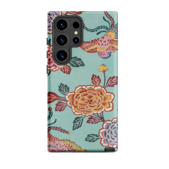 Tree Peonies & Peacocks Bingata Panel Samsung Case, Galaxy S24 Ultra / Matte, Mint Green Smartphone Case Vibrant Floral Bird Pattern