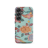 Tree Peonies & Peacocks Bingata Panel Samsung Case, Galaxy S25 / Matte, Phone Case Floral Bird Pattern Light Blue-green Background