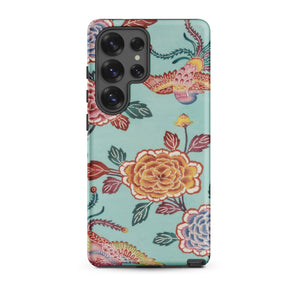 Tree Peonies & Peacocks Bingata Panel Samsung Case, Galaxy S25 Ultra / Matte, Smartphone Case Teal Background Colorful Floral Bird Pattern