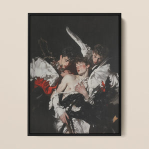 Trinity - Unholy Gay Angels Framed Canvas, 12x16’’ / 31x41cm / Black Floating Frame, Framed Painting Man Surrounded