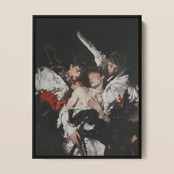 Trinity - Unholy Gay Angels Framed Canvas, 12x16’’ / 31x41cm / Black Floating Frame, Framed Painting Man Surrounded