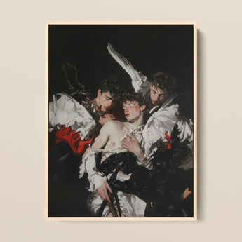 Trinity - Unholy Gay Angels Framed Canvas, 12x16’’ / 31x41cm / Natural Floating Frame, Painting Four Young Men Dramatic Scene