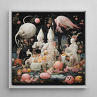 Triple Threat Creepy Renaissance Art Framed Canvas, 12x12’’ / 31x31cm / White Floating Frame, Surreal Whimsical Banquet Scene