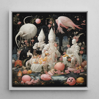 Triple Threat - Creepy Renaissance Art Framed Canvas, 12x12’’ / 31x31cm / White Floating Frame, Surreal Whimsical Banquet Scene
