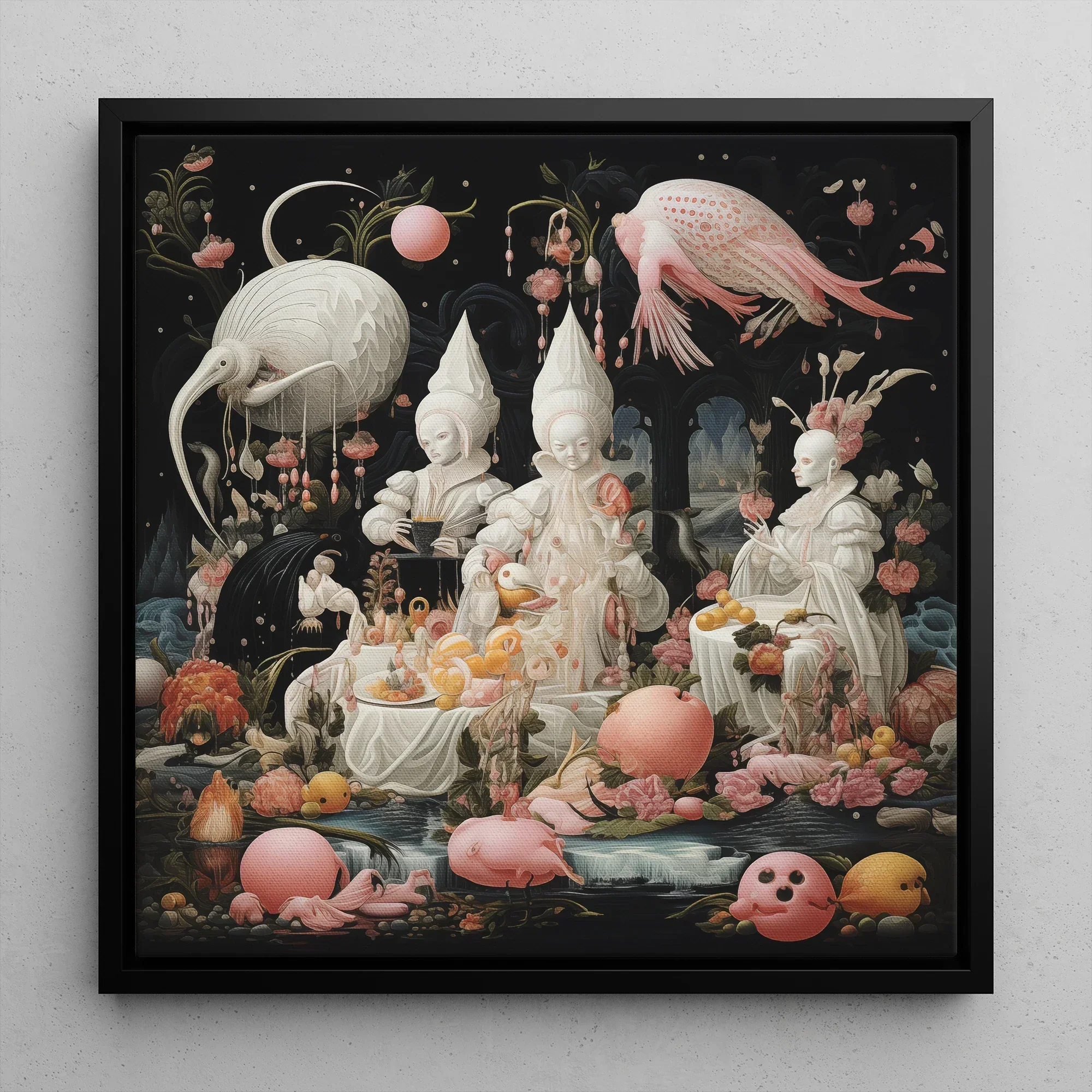 Triple Threat - Creepy Renaissance Art Framed Canvas, 12’’x12’’ / Black Floating Frame, Surreal Whimsical Feast Scene