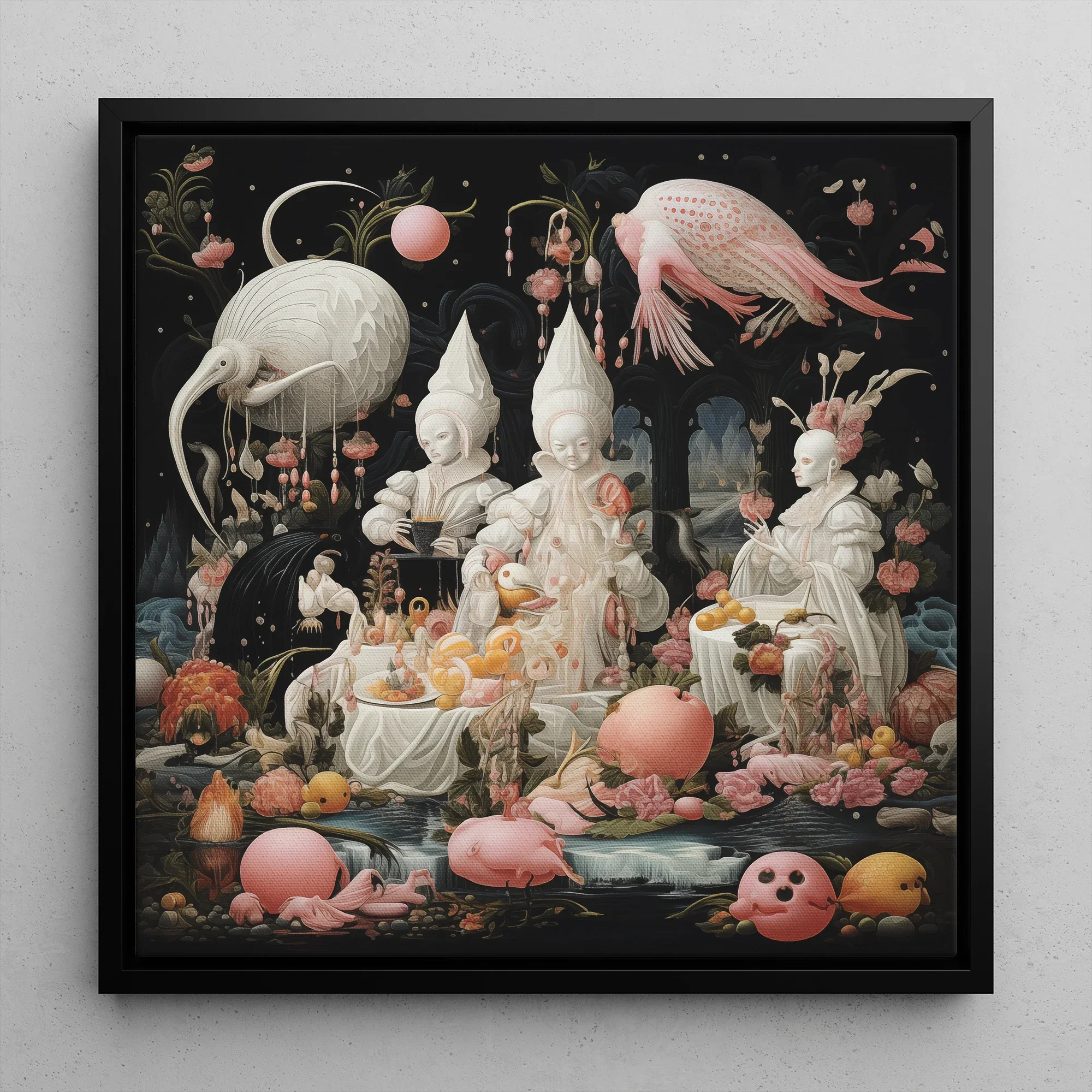 Triple Threat - Creepy Renaissance Art Framed Canvas, Surreal Whimsical Feast Scene