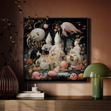 Triple Threat - Creepy Renaissance Art Framed Canvas, Surrealist Painting Pale Figures Pink Fruit