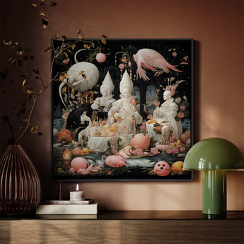 Triple Threat - Creepy Renaissance Art Framed Canvas, Surrealist Painting Pale Figures Pink Fruit