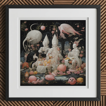 Triple Threat - Creepy Renaissance Art Print, 12x12’’ / 31x31cm / Black Frame / 2’’ Matboard, Framed Painting Surreal Fantastical Banquet