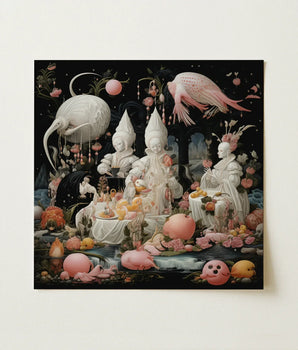 Surreal Square-framed Artwork Whimsical Figures White Gowns Seated Lowbrow Fantasy, Netherlandish Renaissance Meets