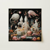 Surreal Square-framed Artwork Whimsical Figures White Gowns Seated Lowbrow Fantasy, Netherlandish Renaissance Meets