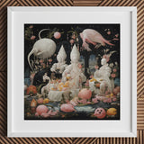 Triple Threat - Creepy Renaissance Art Print / Canvas White Framed Fantasy Artwork Whimsical Figures Birds Surreal Lowbrow, Netherlandish