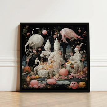 Black-framed Canvas Print Surreal Whimsical Scene White Figures Lowbrow Fantasy, Netherlandish Renaissance Meets
