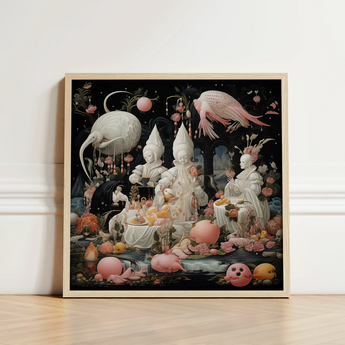 Framed Artwork Surreal Scene White Figures Pink Birds Lowbrow Fantasy, Netherlandish Renaissance Meets