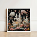 Square-framed Artwork Surreal Whimsical Scene White Pink Figures Lowbrow Fantasy, Netherlandish Renaissance Meets