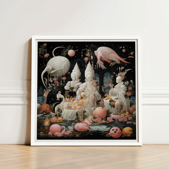 Framed Artwork Surreal Scene White Figures Pink Birds Lowbrow Fantasy, Netherlandish Renaissance Meets