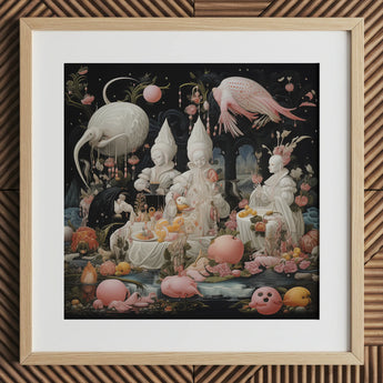 Triple Threat - Creepy Renaissance Art Print / Canvas Framed Artwork Surreal Scene White Pink Figures Birds Lowbrow Fantasy, Netherlandish