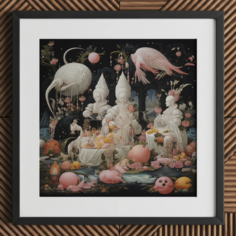 Triple Threat - Creepy Renaissance Art Print / Canvas Framed Fantasy Artwork Whimsical Figures Creatures Surreal Pastel-toned Lowbrow