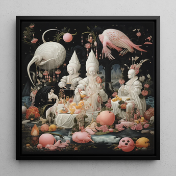 Triple Threat - Creepy Renaissance Art Print / Canvas Surreal Square-framed Artwork Whimsical Figures White Attire Surrounded Lowbrow