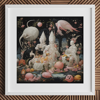 Triple Threat - Creepy Renaissance Art Print / Canvas White Framed Fantasy Artwork Whimsical Figures Birds Surreal Lowbrow Fantasy,