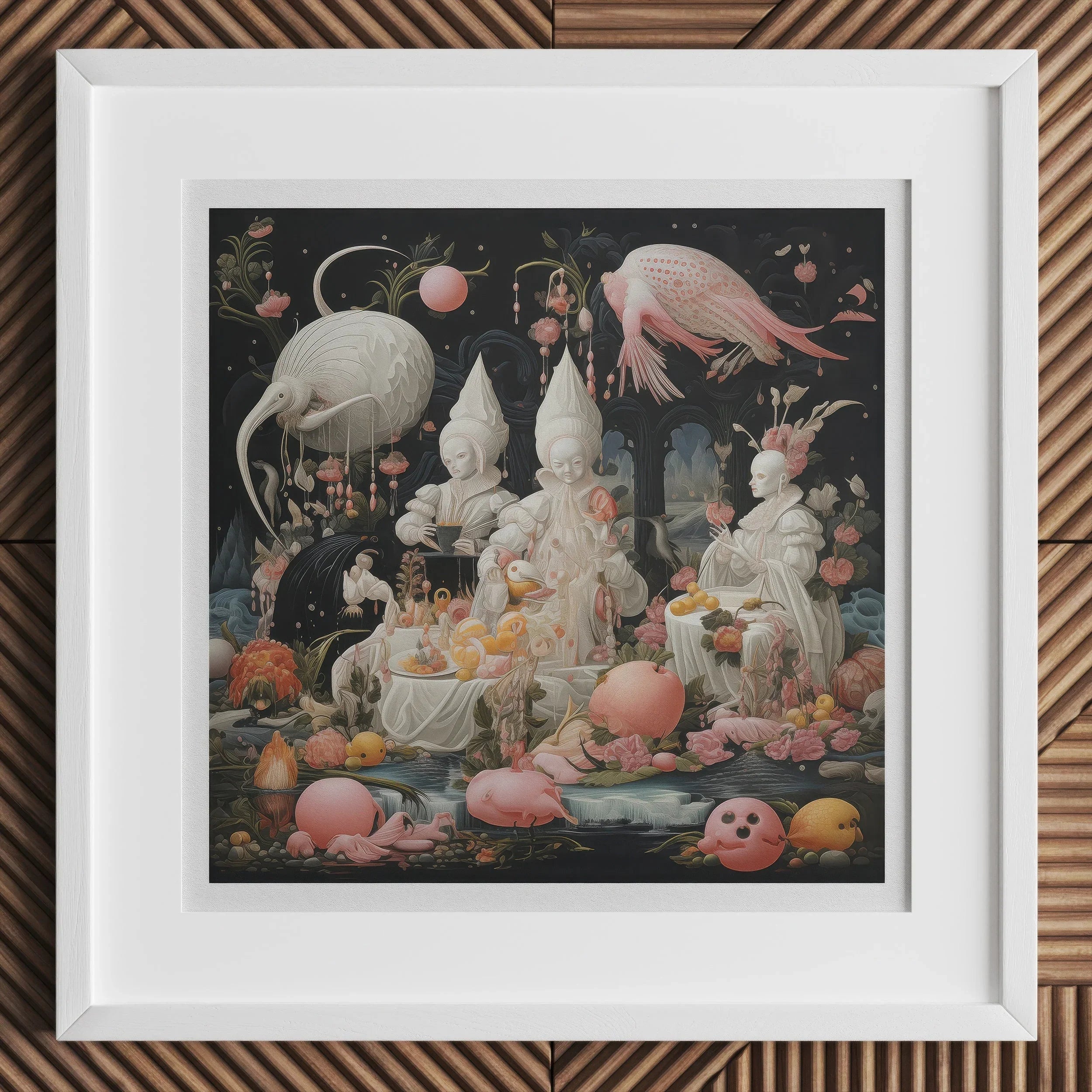 Triple Threat Creepy Renaissance Art Print, Framed Surrealist Artwork Fantastical Creatures Statues Objects Dreamlike