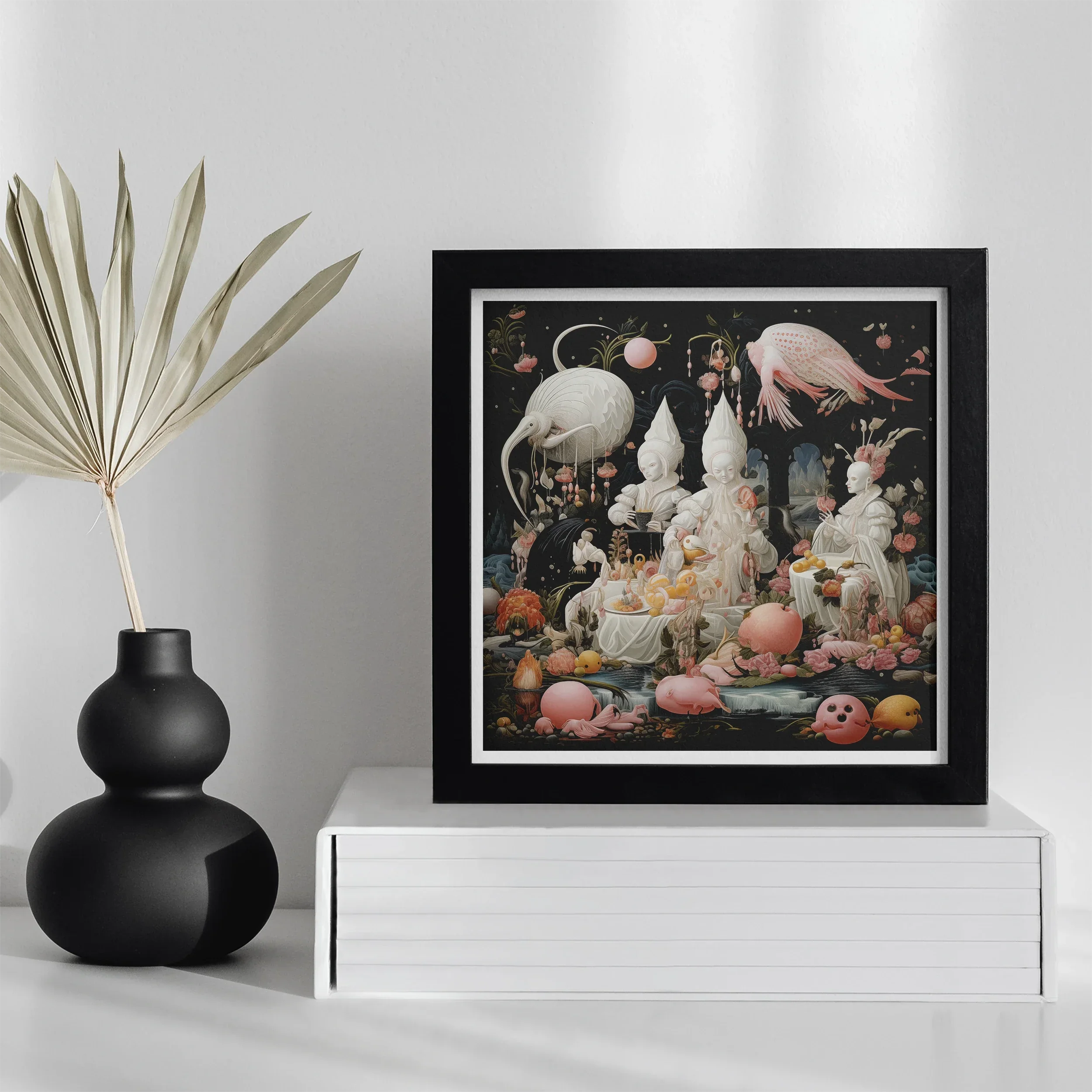 Triple Threat - Creepy Renaissance Art Print, Framed Surrealist Artwork Flamingos Mushrooms Fantastical Elements