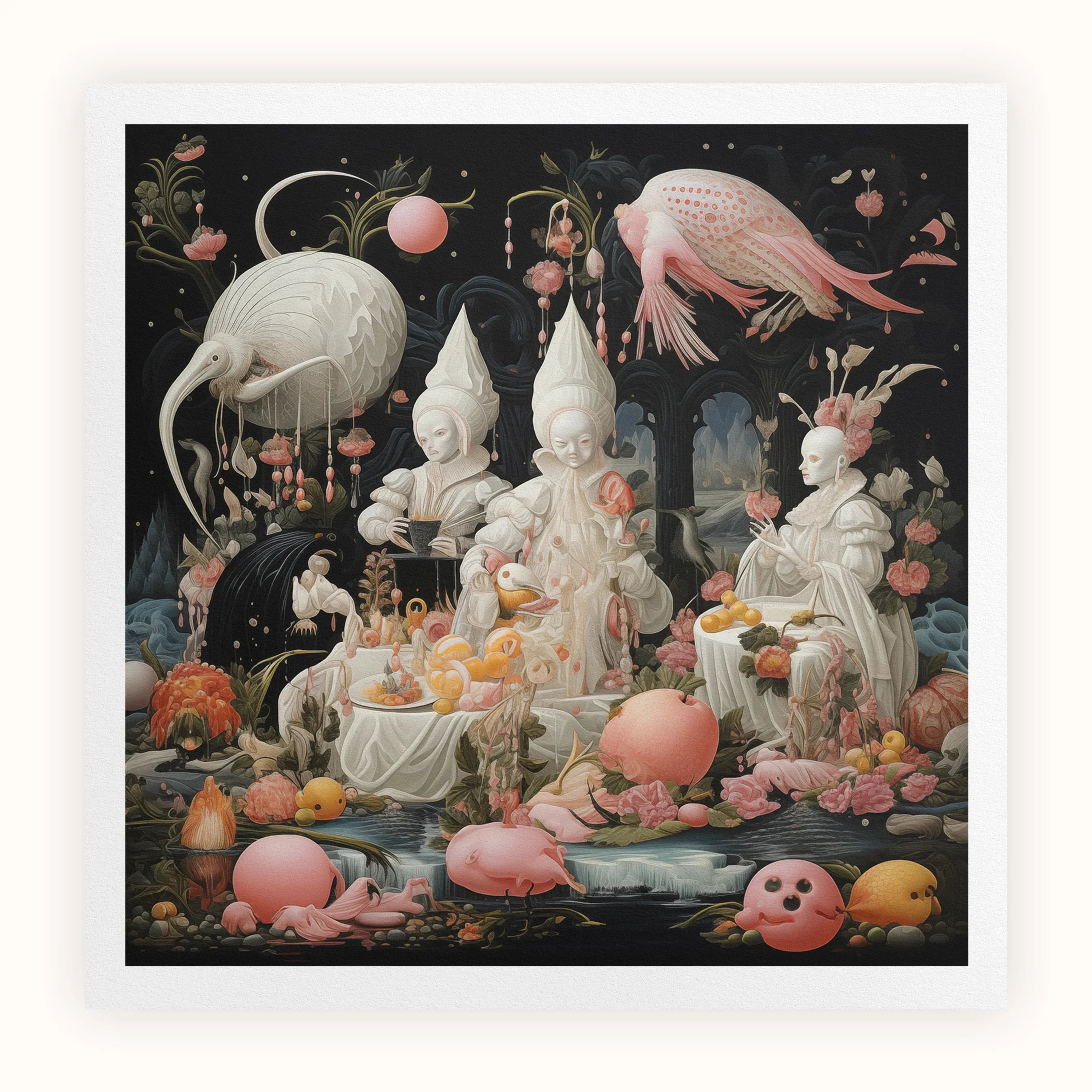 Triple Threat - Creepy Renaissance Art Print, Surreal Fantasy Scene White-robed Figures Surrounded Whimsical Creatures