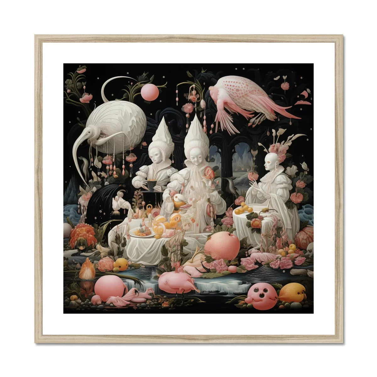 Triple Threat - Creepy Renaissance Art Print, Surreal Life Arrangement White Porcelain Figures Birds Pink