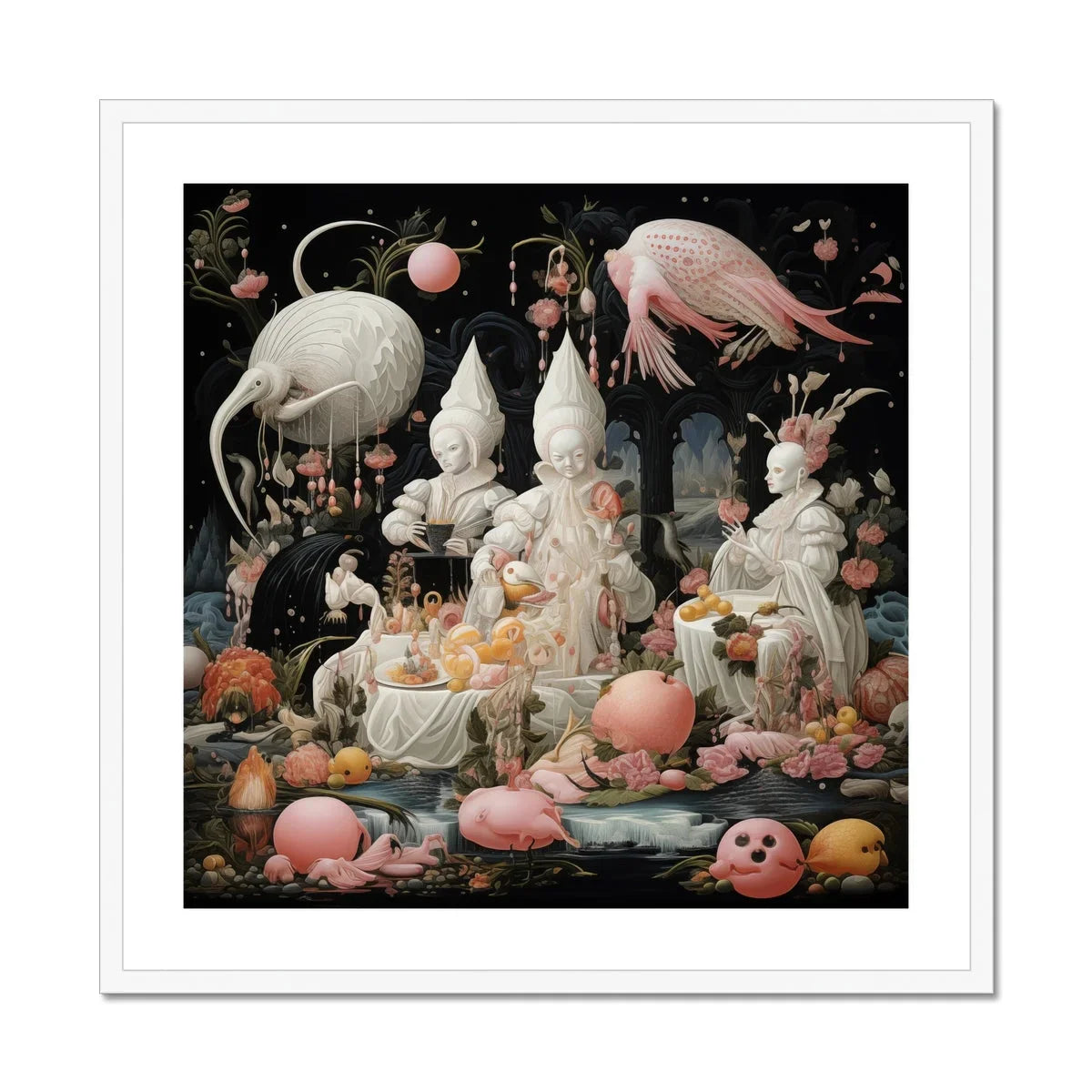 Triple Threat - Creepy Renaissance Art Print, Surreal Life Arrangement White Porcelain Figures Pink Birds