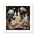 Triple Threat - Creepy Renaissance Art Print, Surreal Life Arrangement White Porcelain Figures Pink Birds