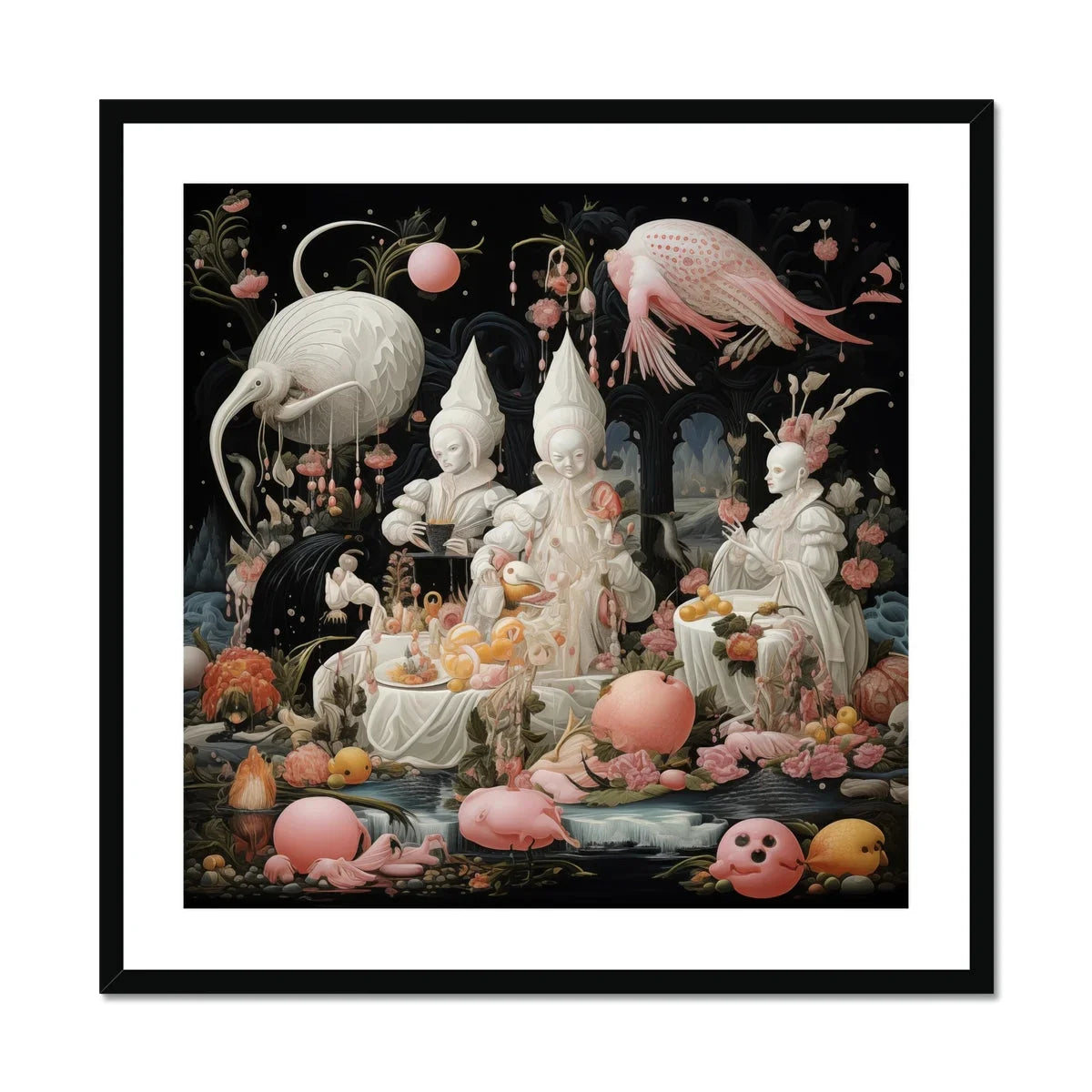 Triple Threat - Creepy Renaissance Art Print, Surreal Life White Porcelain Figures Surrounded Pink Birds