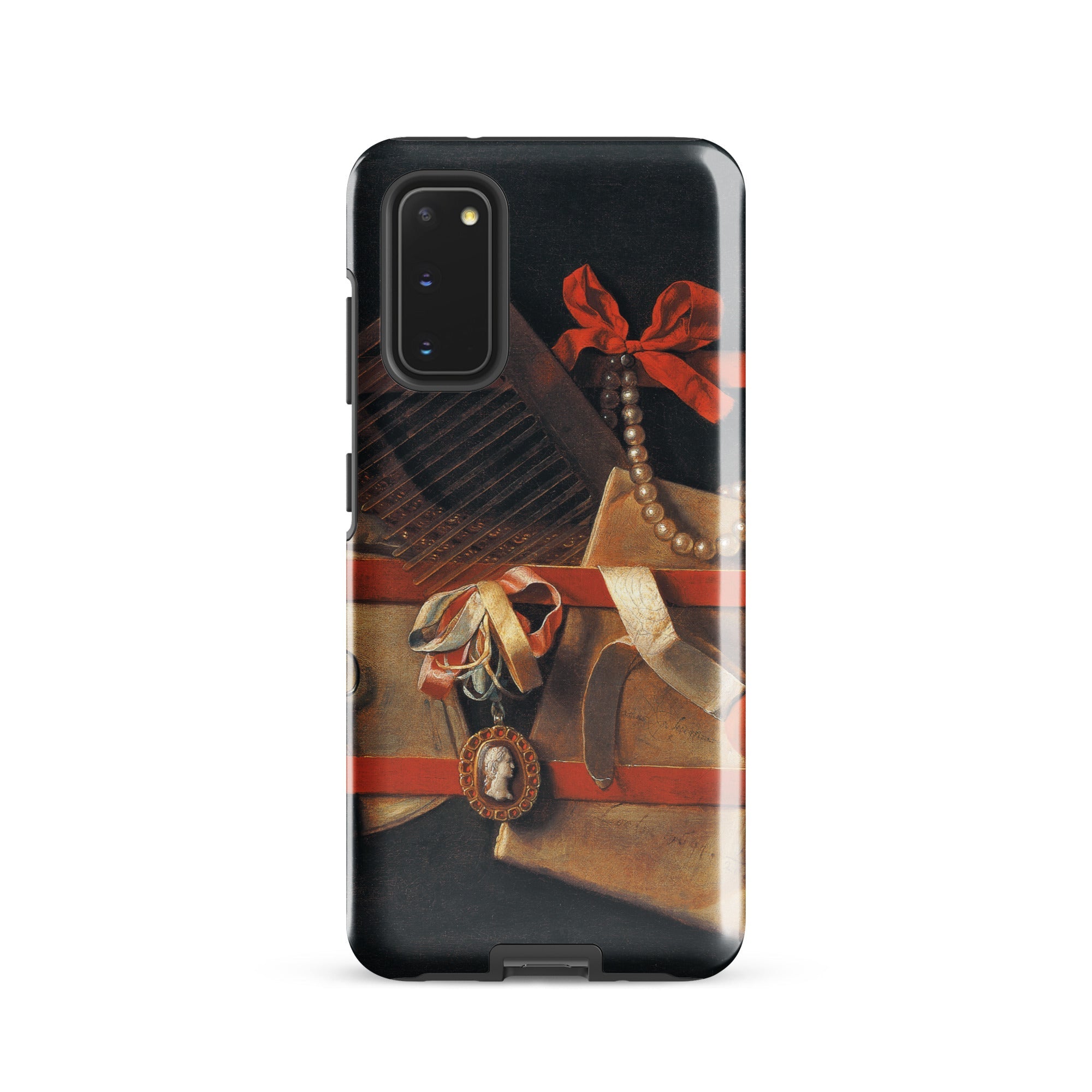 Tromp L’oeil Still Life Hoogstraeten Samsung Case, Galaxy S20 / Gloss, Black Smartphone Case Design Red Ribbon Pearls Medallion