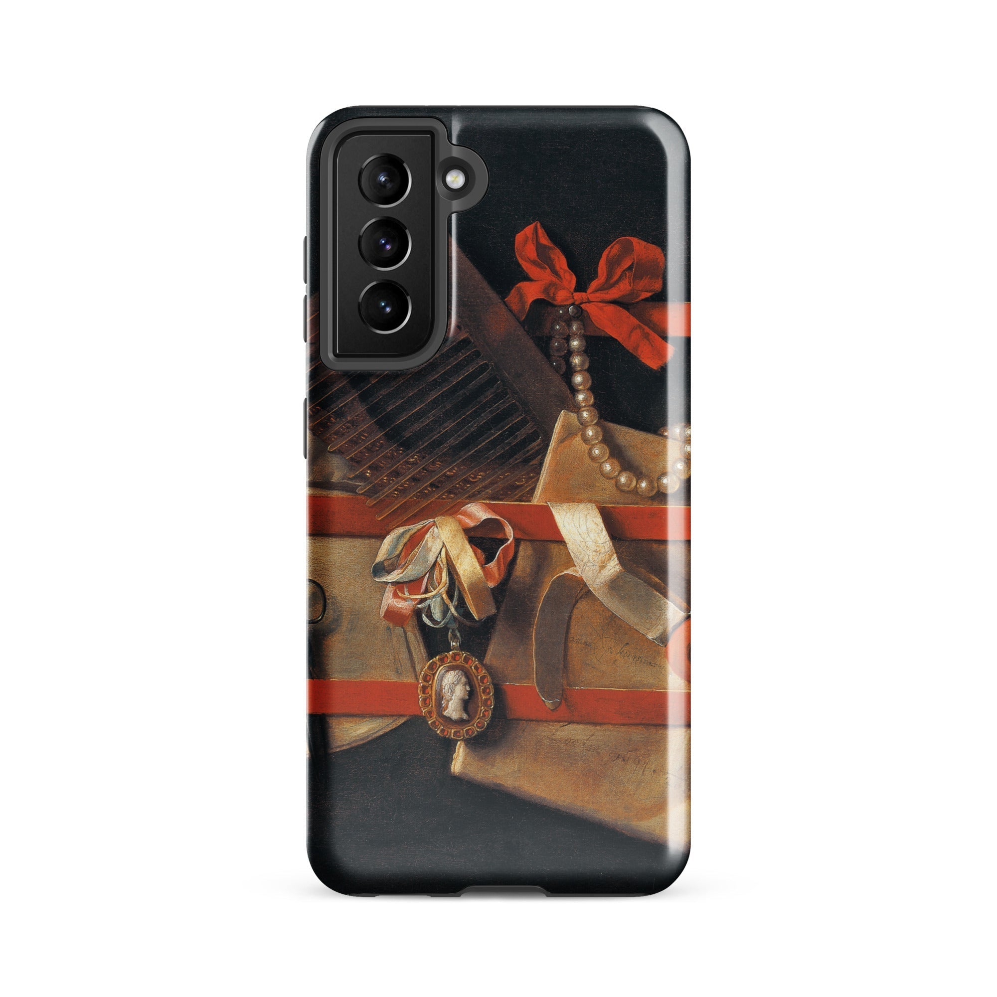 Tromp L’oeil Still Life Hoogstraeten Samsung Case, Galaxy S21 Fe / Gloss, Black Smartphone Case Classical Painting Red Ribbon Pearls