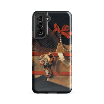 Tromp-l’oeil Still-life - Hoogstraeten Samsung Case, Galaxy S21 Fe / Gloss, Black Smartphone Case Classical Painting Red Ribbon Pearls