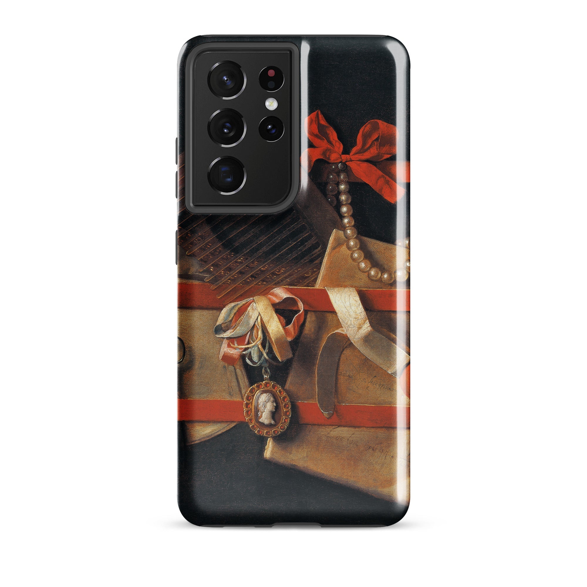 Tromp L’oeil Still Life Hoogstraeten Samsung Case, Galaxy S21 Ultra / Gloss, Black Smartphone Case Classical Painting Red Bow Pearls