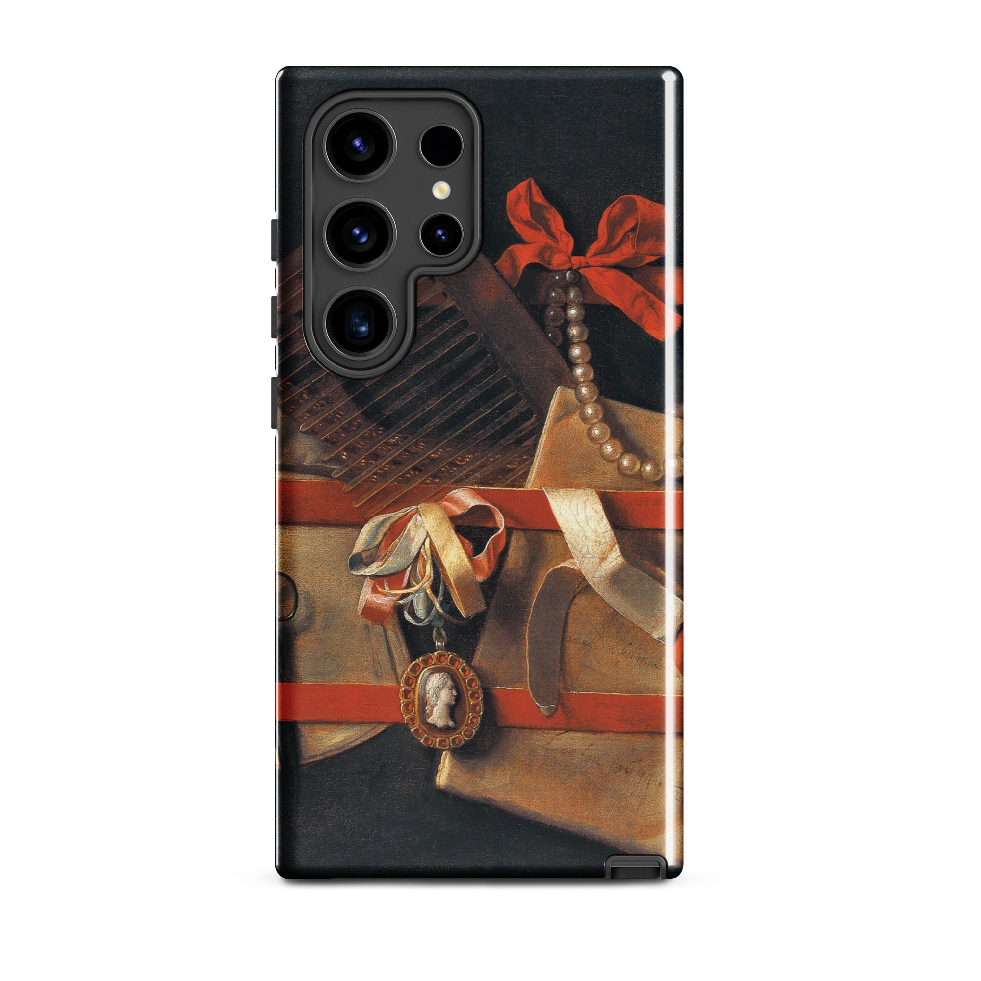 Tromp L’oeil Still Life Hoogstraeten Samsung Case, Galaxy S24 Ultra / Gloss, Smartphone Case Classical Painting Red Ribbon Pearls Papers