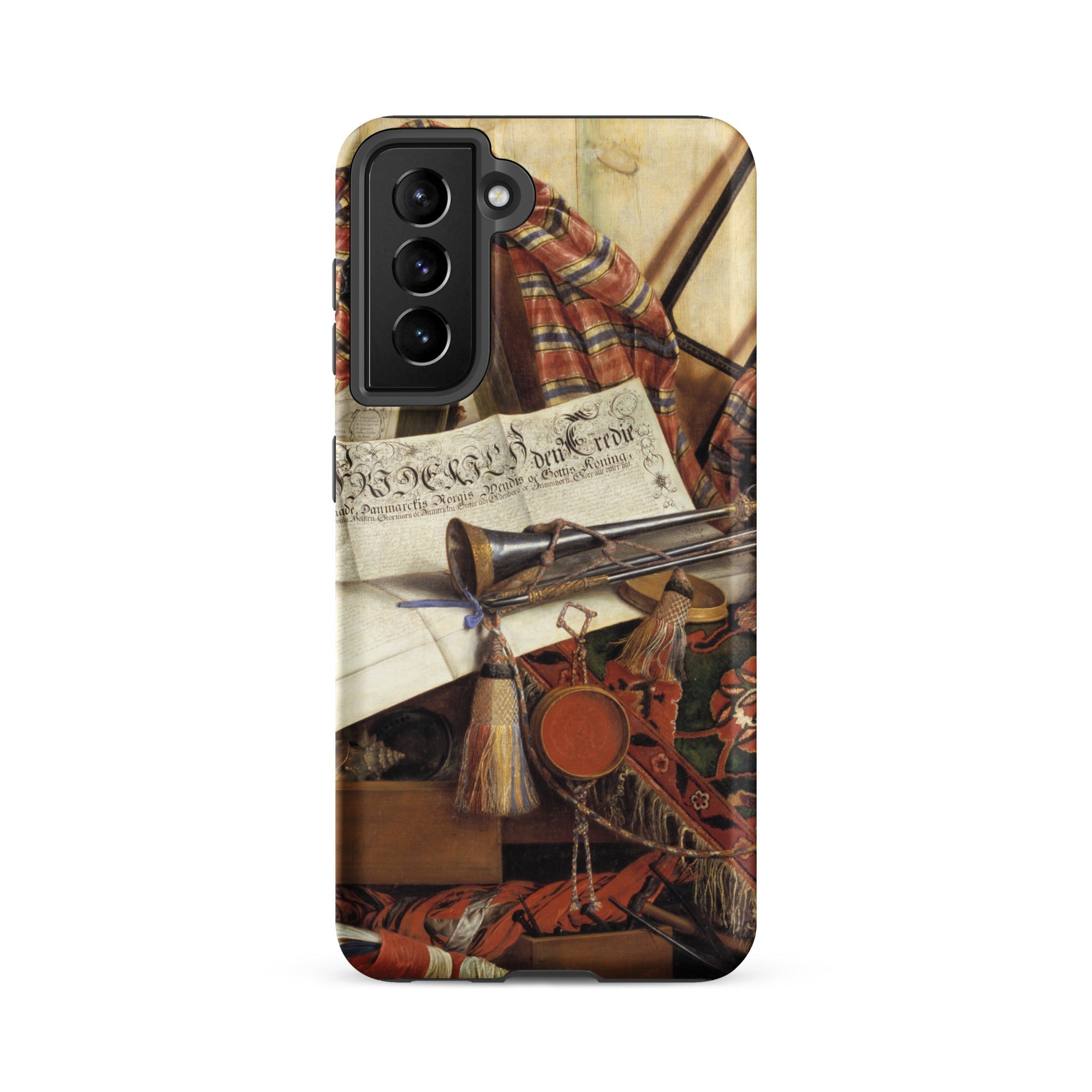 Trompe L’oeil with Trumpet Gijsbrechts Samsung Case, Galaxy S21 Fe / Matte, Smartphone Case Still Life Painting Plaid Fabric Document Horn