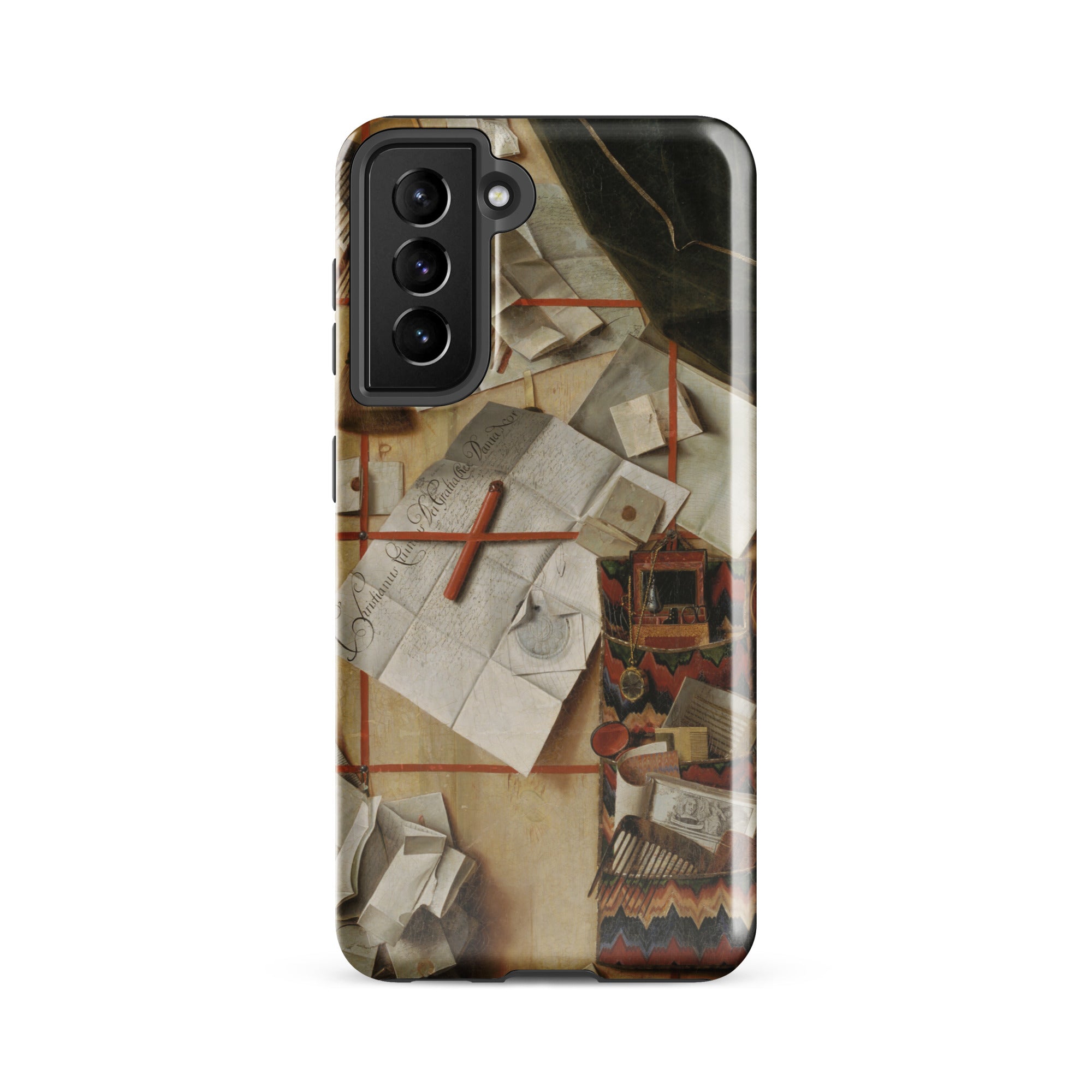 Trompe L’oeil with a Wall of Letters Gijsbrechts Samsung Case, Galaxy S21 Fe / Gloss, Smartphone Case Cluttered Desk Design