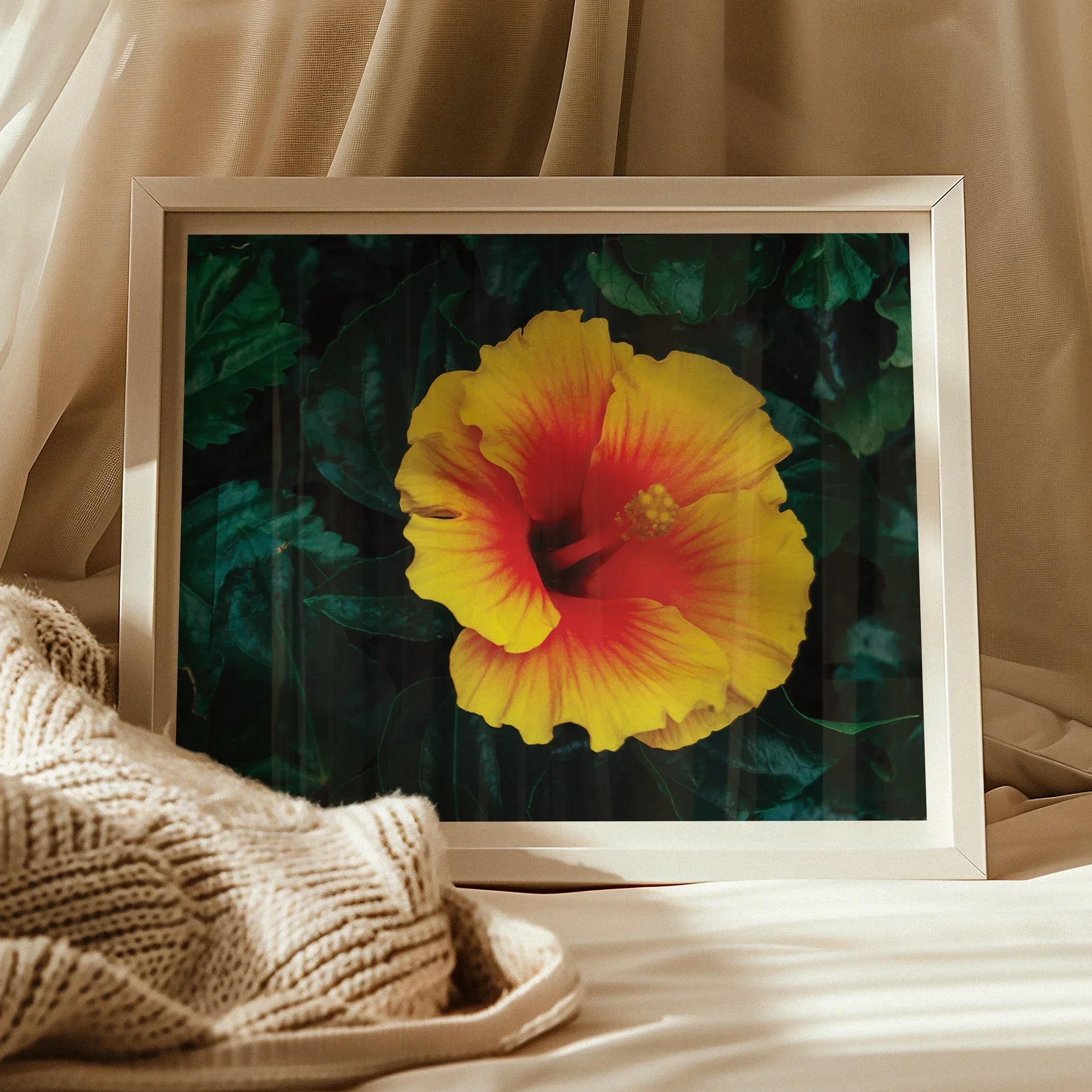 Tropicanarama - Tropical Hibiscus Art Print, Vibrant Yellow Red Hibiscus Flower White Frame