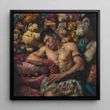Tuckered out - Lowbrow Gay Asian Performer Framed Canvas, 12x12’’ / 31x31cm / Black Floating Frame, Muay Thai Fighter Surrounded Teddy Bears