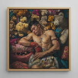 Tuckered out - Lowbrow Gay Asian Performer Framed Canvas, 12x12’’ / 31x31cm / Natural Floating Frame, Framed Painting Man Surrounded Teddy