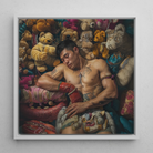 Tuckered out Lowbrow Gay Asian Performer Framed Canvas, 12x12’’ / 31x31cm / White Floating Frame, Muay Thai Fighter Amidst Teddy Bears