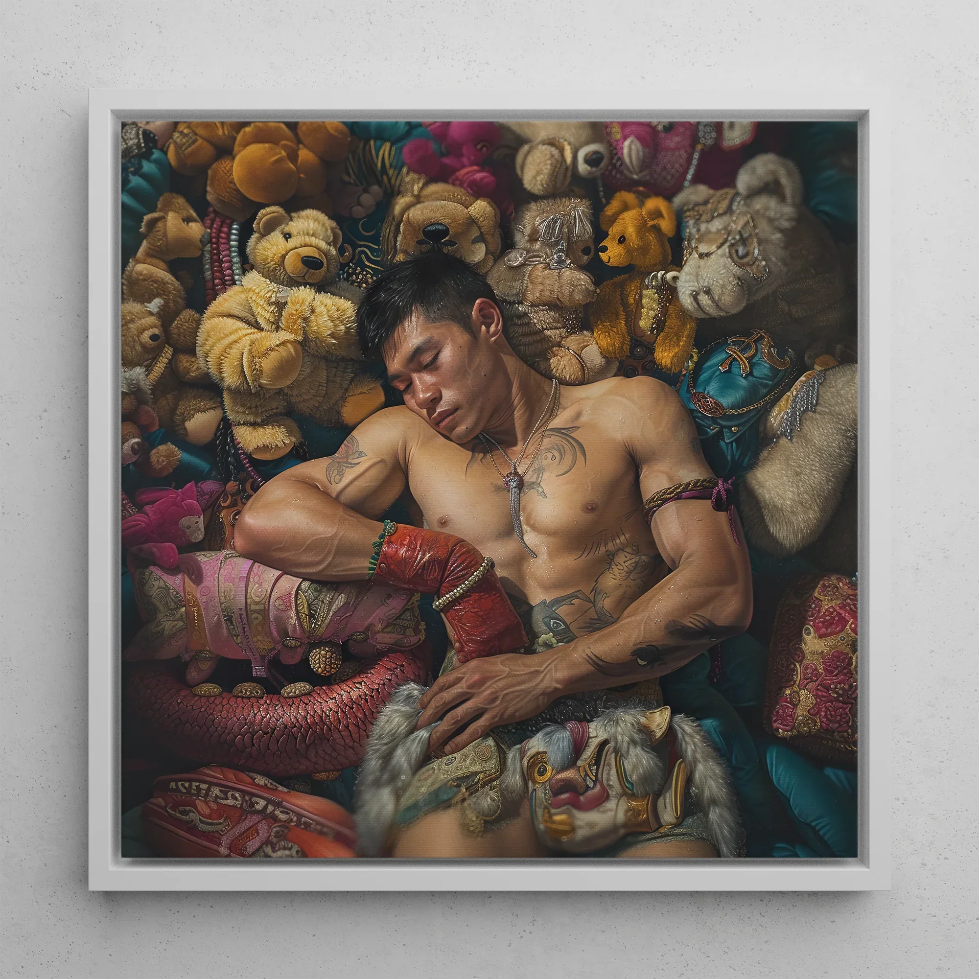 Tuckered out Lowbrow Gay Asian Performer Framed Canvas, 12x12’’ / 31x31cm / White Floating Frame, Muay Thai Fighter Amidst Teddy Bears