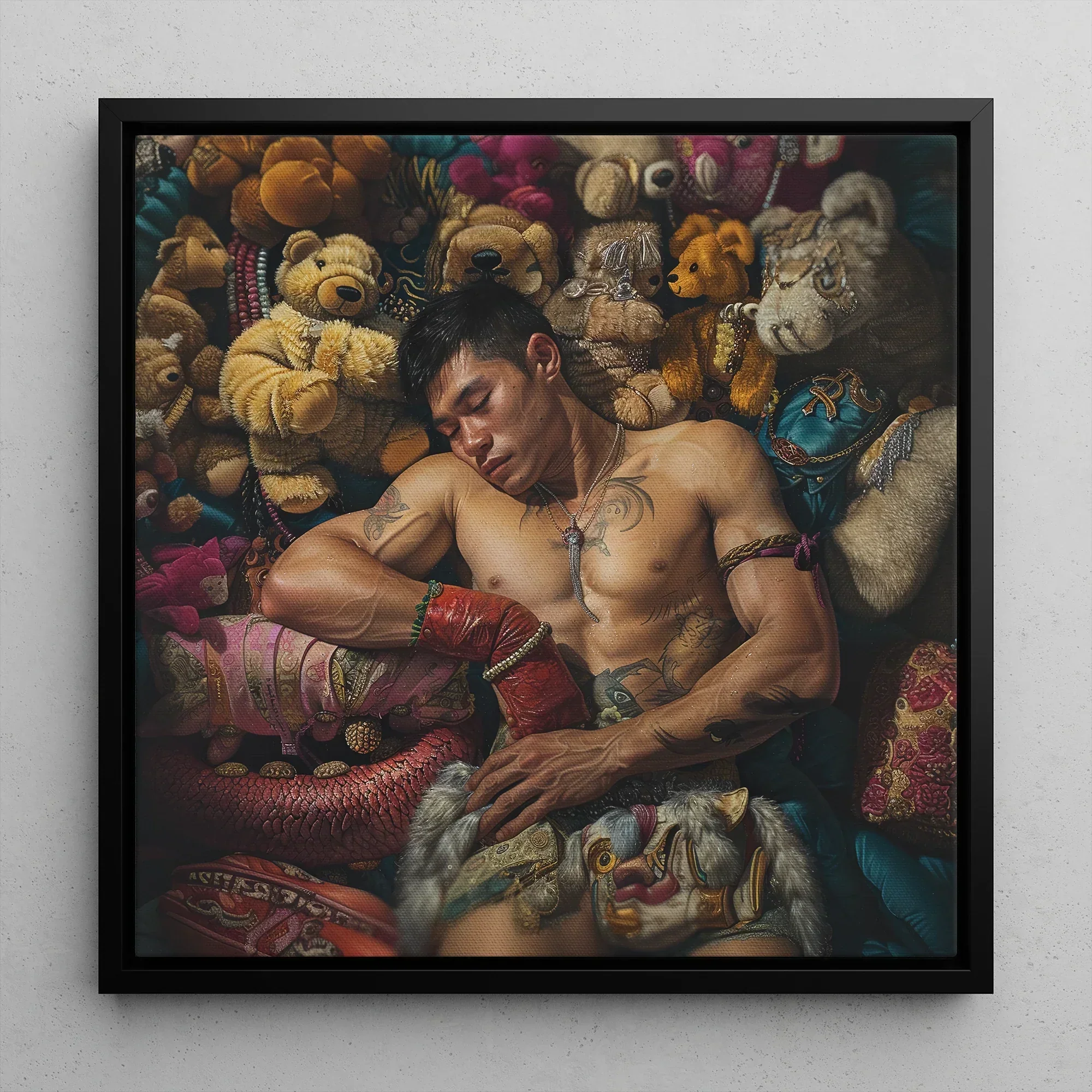 Tuckered out - Lowbrow Gay Asian Performer Framed Canvas, 12’’x12’’ / Black Floating Frame, Muay Thai Fighter Surrounded Teddy Bears