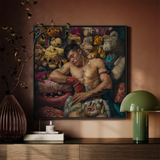 Tuckered out - Lowbrow Gay Asian Performer Framed Canvas, Framed Artwork Fighter Surrounded Teddy Bears