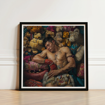 Black-framed Art Print Muscular Man Among Colorful Stuffed Gaysian Lowbrow Queer, Homosexual Extravagance