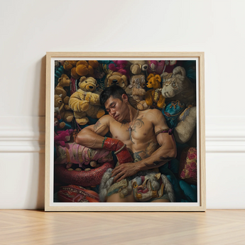 Framed Artwork Muscular Man Among Colorful Stuffed Animals Gaysian Lowbrow Queer, Homosexual Extravagance, Art