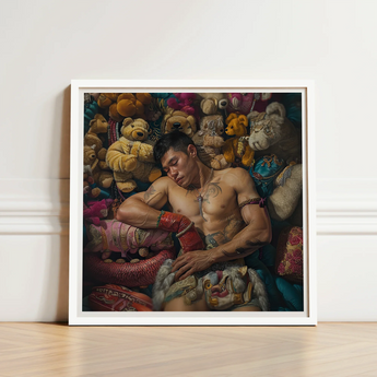White-framed Art Print Muscular Man Among Colorful Stuffed Gaysian Lowbrow Queer, Homosexual Extravagance